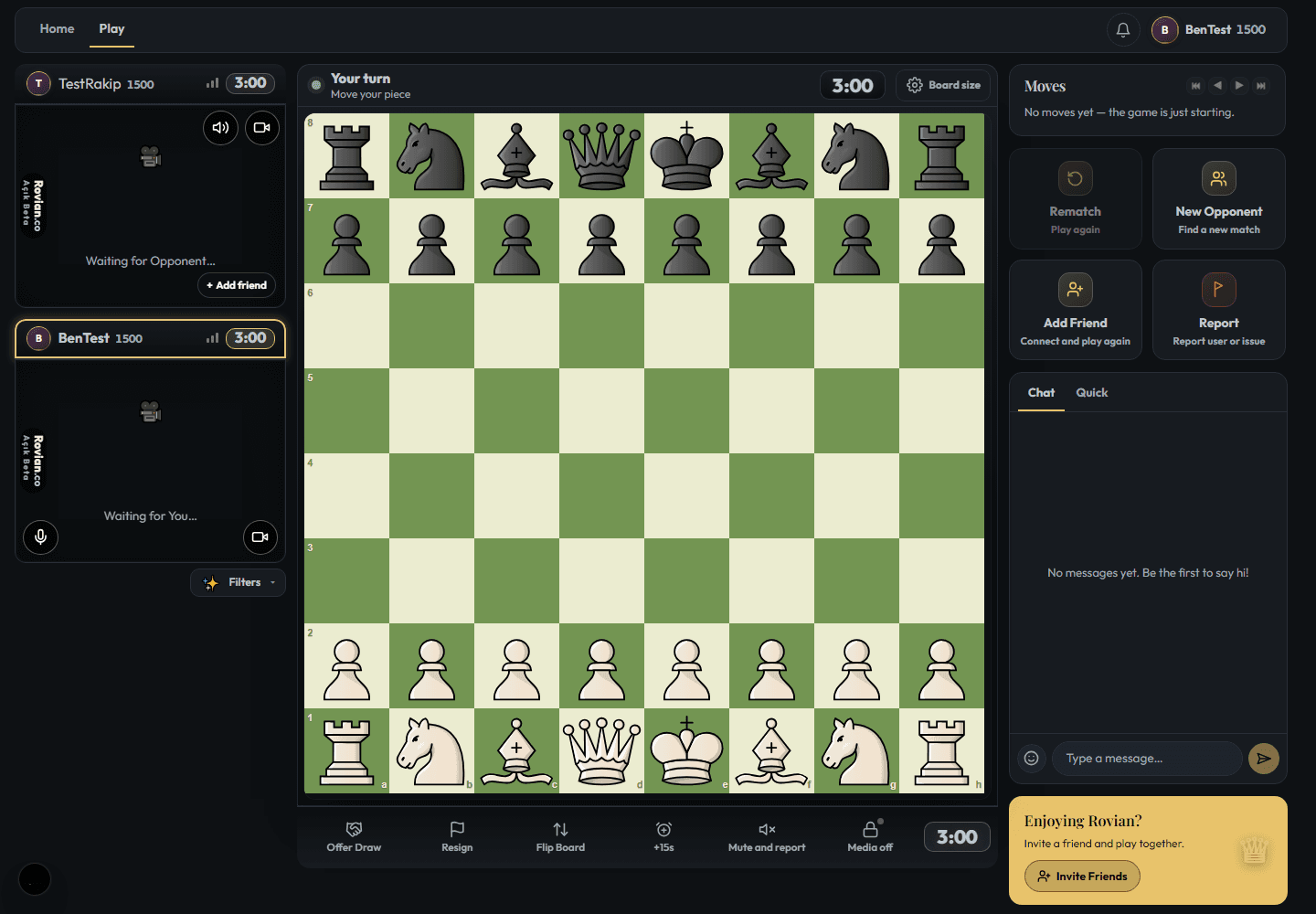 Rovian game interface with two camera areas, a chessboard and clocks